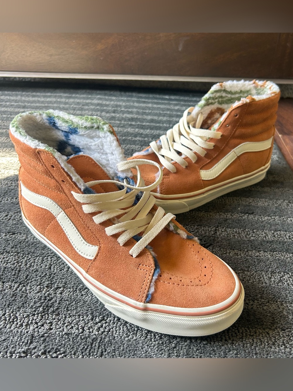Vans SK8-Hi Shoes Suede Sherpa Lined Sunburn Rust Tan Skater Boots EUC